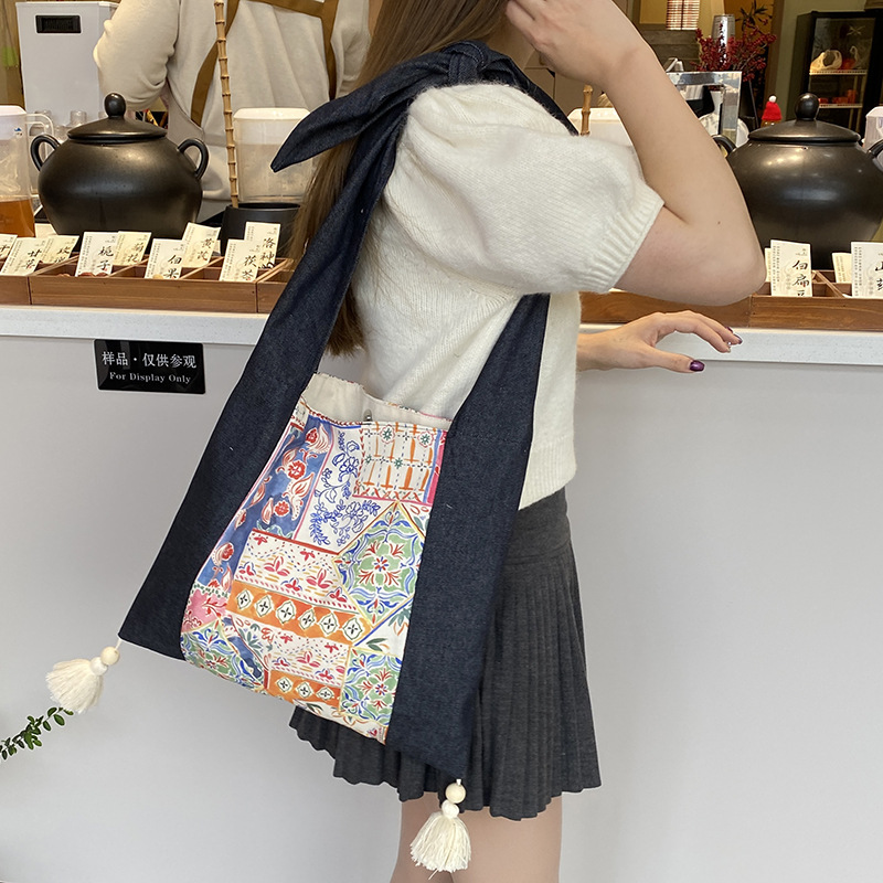 Denim floral straps one shoulder (with tassels): patterned totem