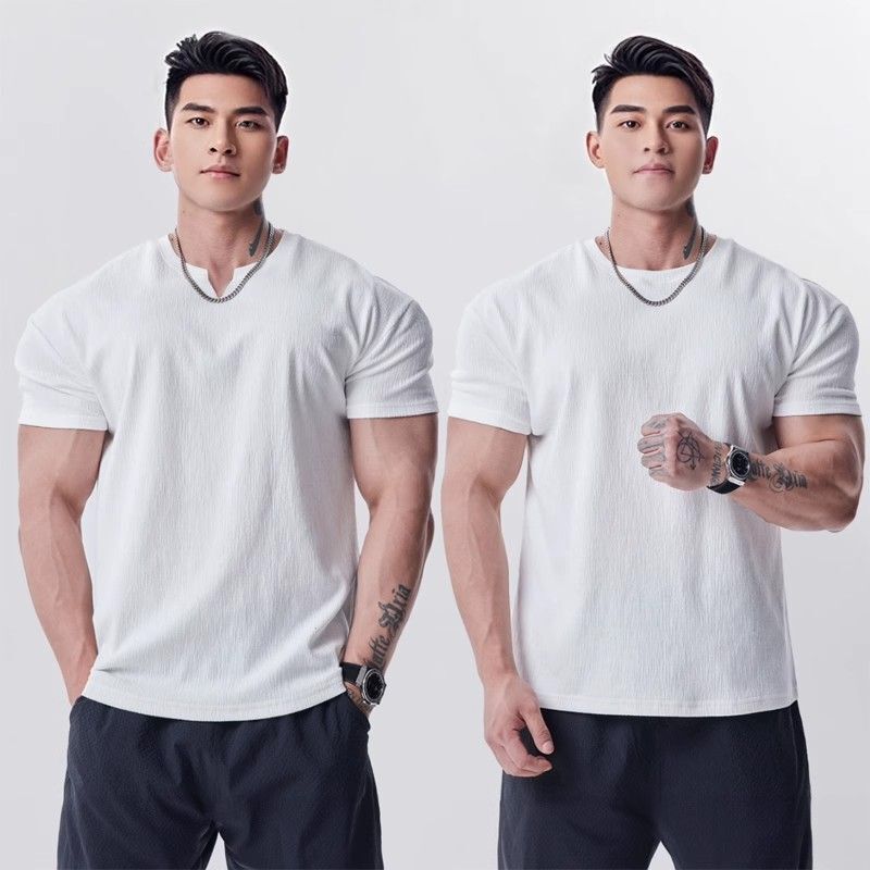 Men's Summer Sports and Leisure Small V Neck Short-Sleeved T-Shirt with Closed Cuffs to Look Bigger, Small V Neck Fitness Training Top