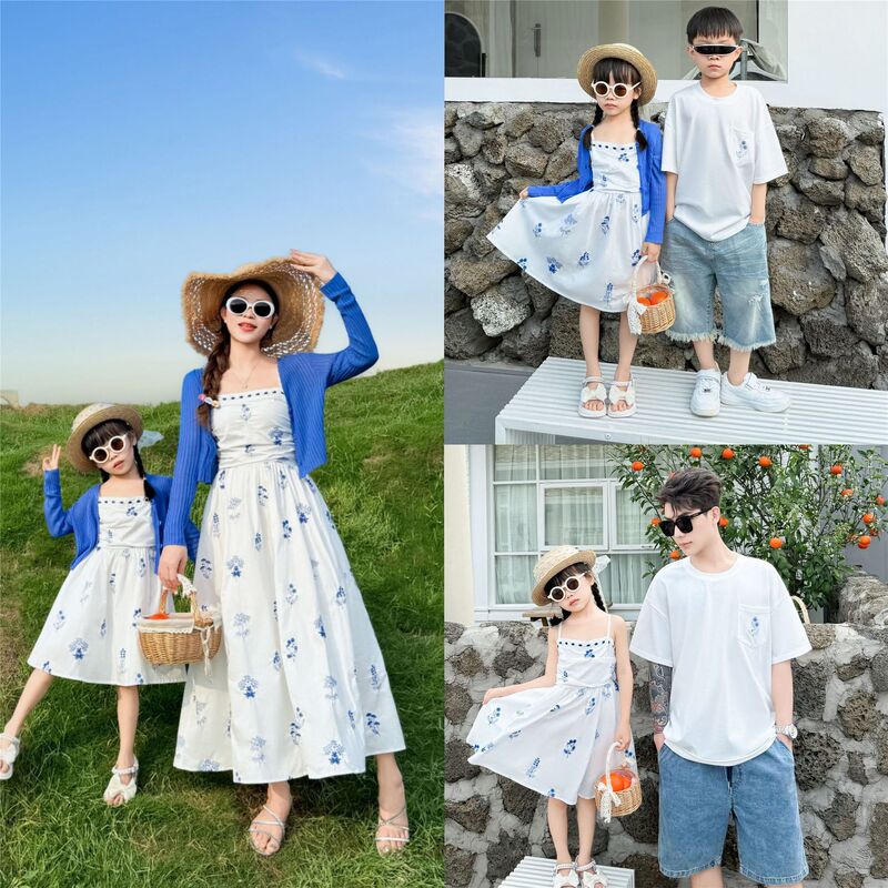 Family Matching Outfits for a Family of Three: New Summer Beach Mother-Daughter Strap Dress and Mother-Son Casual Shirt for Seaside Vacation