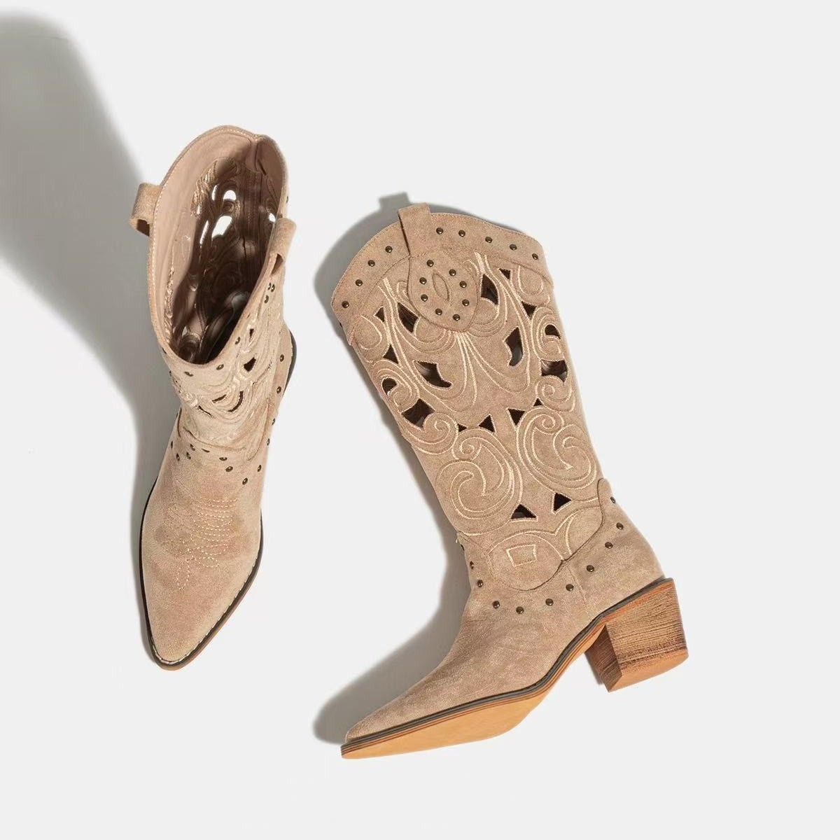 Hollow Thick High-Heeled Western Cowboy Boots for Women 2025 New Embroidered Mid-Calf Boots Retro Frosted High-Top Boots