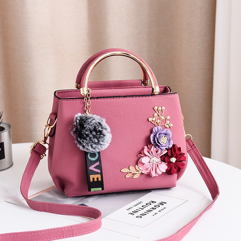 handbag女士包包花卉特色手提包2026时尚毛球挂件单肩斜挎小方包