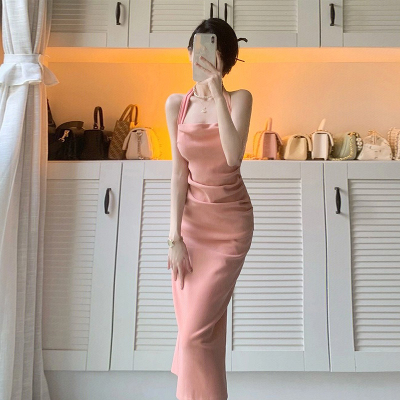 Pure Pink Neck Sling dress Women's Summer Texture French Waist Hip Mid-length Skirt Elegant