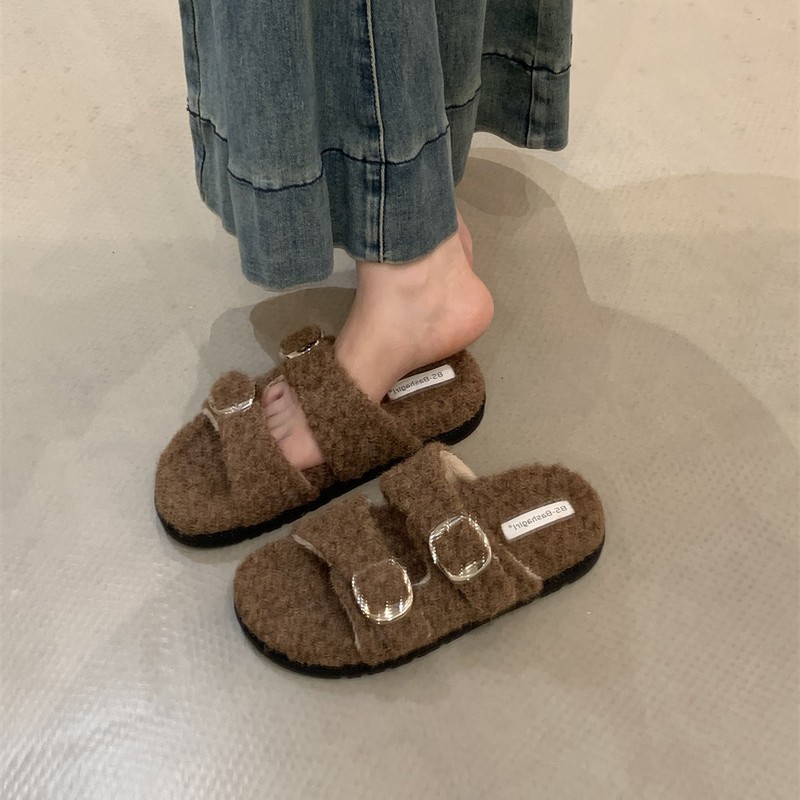 韩版勃肯毛毛拖鞋女外穿秋冬新款羊羔毛厚底一脚蹬懒人棉拖鞋子女|undefined