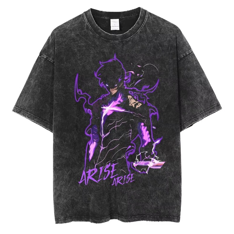2025 Anime Solo Level Sung Jin Woo Printed Washed T-Shirt Men's Casual Cotton T-Shirt Comic Retro