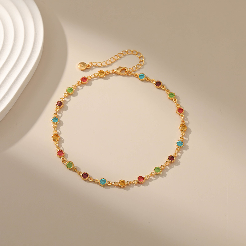 Retro Copper 18k Gold-plated Multi-color Zircon Adjustable Anklet display picture 2