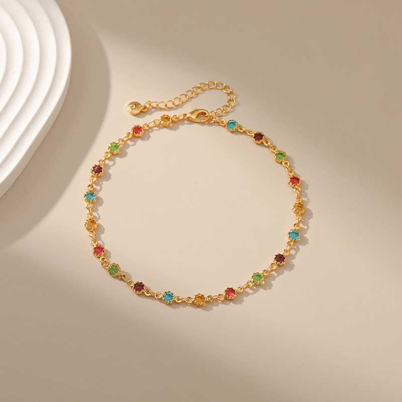 retro copper 18K gold-plated multi-color zircon adjustable anklet