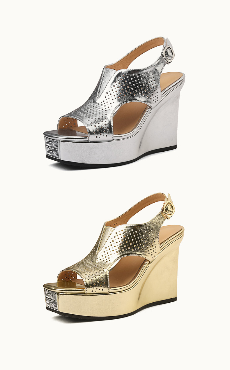 Sandal đế xuồng nữ mũi vuông phong cách La Mã, gót 11 cm, họa tiết đục lỗ — Màu vàng chi tiết 9