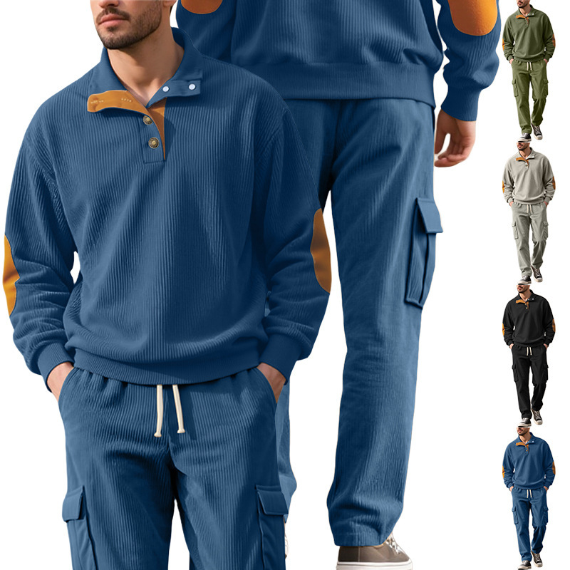 Foreign Trade Amazon Cross-Border European and American Casual Sports Lapel Long-Sleeved Two-Piece Men's Loose Corduroy Workwear Suit Foreign Trade Amazon Cross-Border European and American Casual Sports Lapel Long-Sleeved Two-Piece Men's Loose Corduroy Workwear Suit