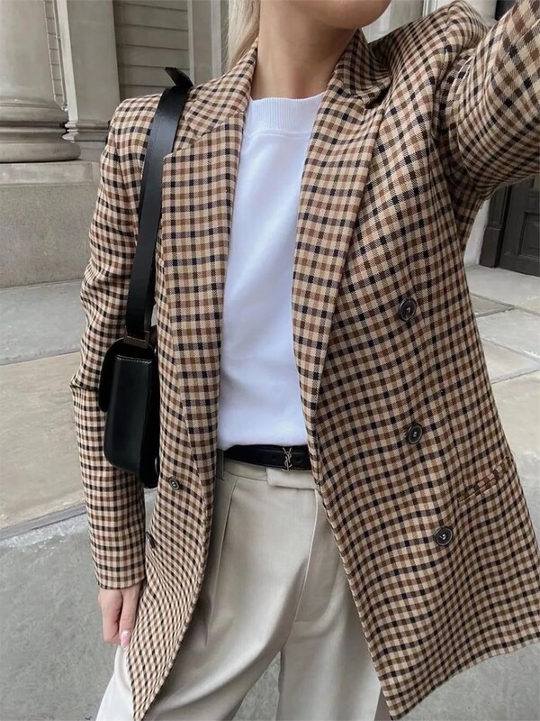 2025 European and American Cross-Border New Commuter Long-Sleeved Plaid Suit Clothes Slim Tops Women's Regular Jackets