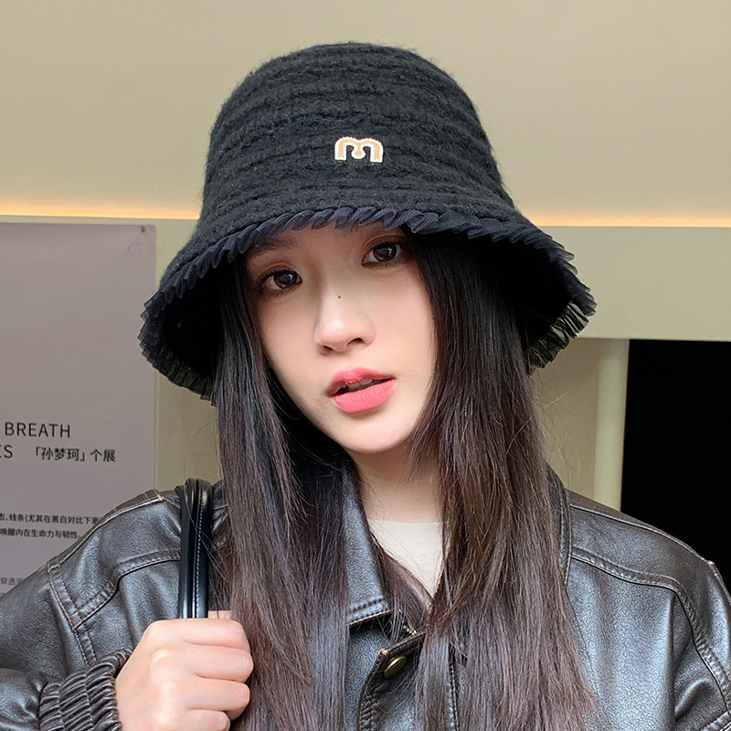 M标褶皱花边加厚渔夫帽秋冬休闲大头围防风帽子韩系百搭保暖帽新|undefined