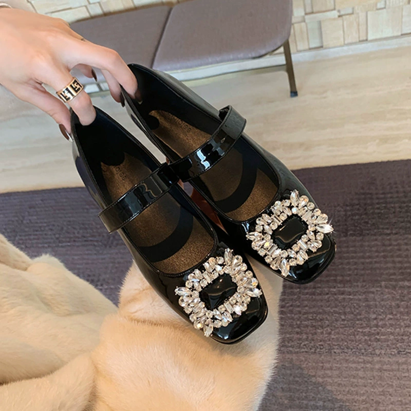 Готово в наличии и отправлены в секунду ~ Женские туфли Мэри Джейн с квадратной пряжкой и стразами, новые лакированные кожаные туфли во французском стиле на низком каблуке с неглубоким горлышком, кожаные туфли на толстом каблуке на плоской подошве