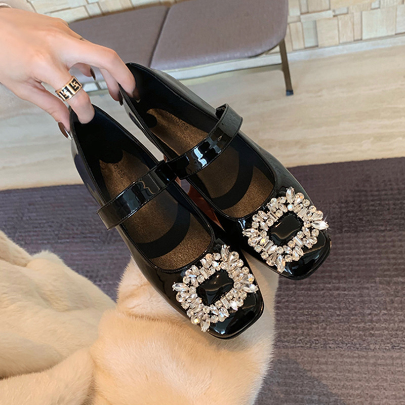 Ready in Stock and Shipped in Seconds ~ Rhinestone Square Buckle Mary Jane Shoes for Women New Patent Leather French Low Heel Shallow Mouth Leather Shoes Thick Heel Flats Ready in Stock and Shipped in Seconds ~ Rhinestone Square Buckle Mary Jane Shoes for Women New Patent Leather French Low Heel Shallow Mouth Leather Shoes Thick Heel Flats
