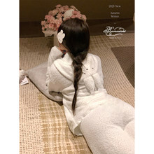 大码纯欲少女兔耳朵连帽针织半边绒睡衣女秋冬季保暖家居服套装冬