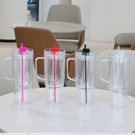 跨境网红款大容量冰霸杯PS材质运动塑料吸管杯双层DIY可加闪粉杯