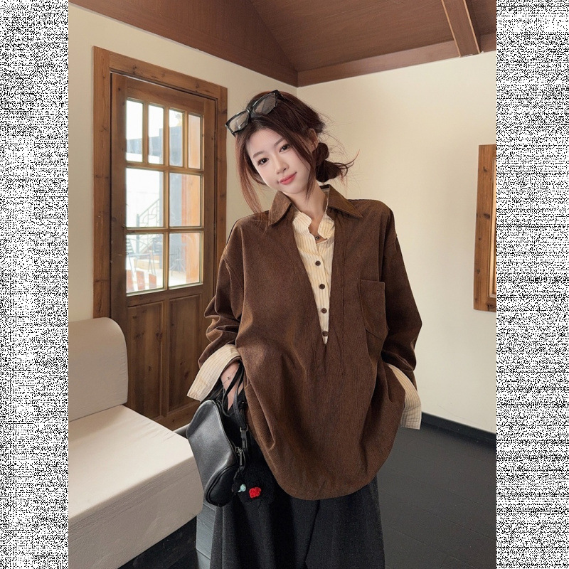 Korean-Style Lazy Retro Coffee-Colored Fake Two-Piece Patchwork Shirt for Women, 2026 Spring Design, Long-Sleeve Top for Commuting Korean-Style Lazy Retro Coffee-Colored Fake Two-Piece Patchwork Shirt for Women, 2026 Spring Design, Long-Sleeve Top for Commuting