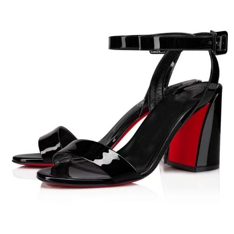 Black Patent Leather Peep-Toe High-Heeled Sandals for Women with Chunky Heels, Red Soles, and a Single Strap, in European and American Style, Suitable for Weddings and Dates