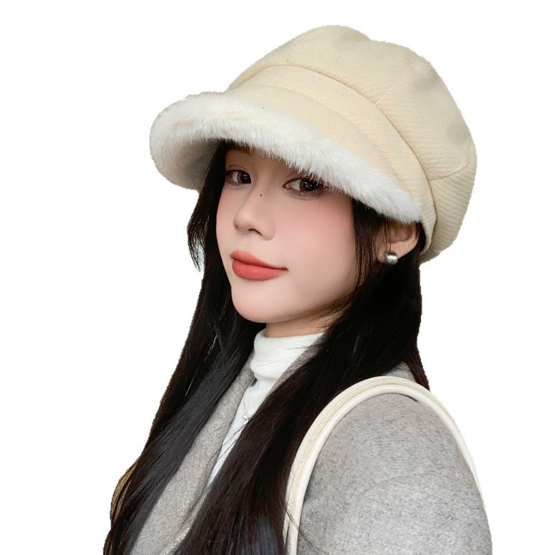韩系冬季帽子女加厚毛绒边八角帽英伦时尚画家帽秋冬日系报童帽潮|undefined