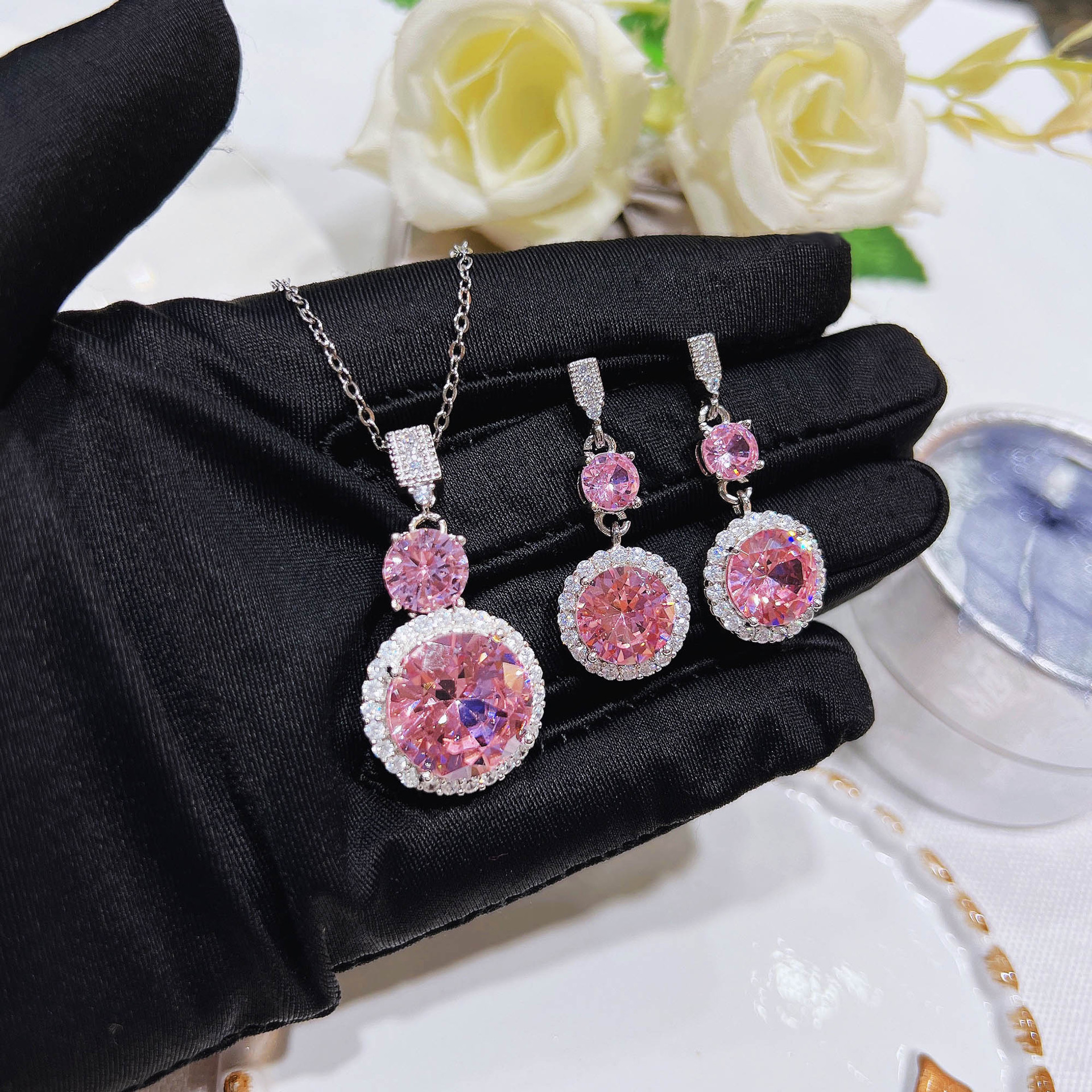 Fashion Geometric Copper Inlay Artificial Gemstones Earrings Necklace