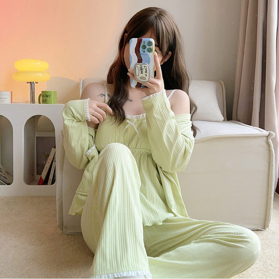 High-grade pajamas women's four-piece spring and autumn long-sleeved lace cardigan sweet outerwear homewear suit