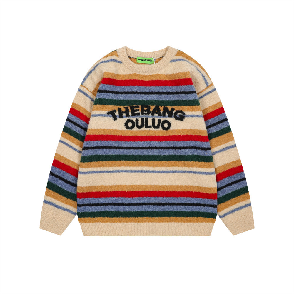 Sweter w paski z okrągłym dekoltem dla chłopców – kolorowy dzianinowy sweter, luźny krój i styl uliczny (S-XL)_voghion.com