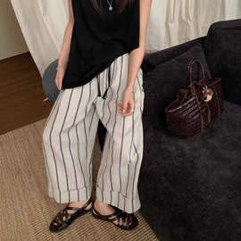 色织汉麻条纹阔腿裤 2026春季新款 文艺卷边休闲长裤子女士25132