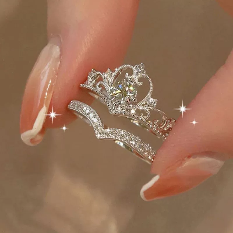 Princess Wedding Ring Set, 2-Piece Adjustable Open Band, Simple Elegant Design, One Size