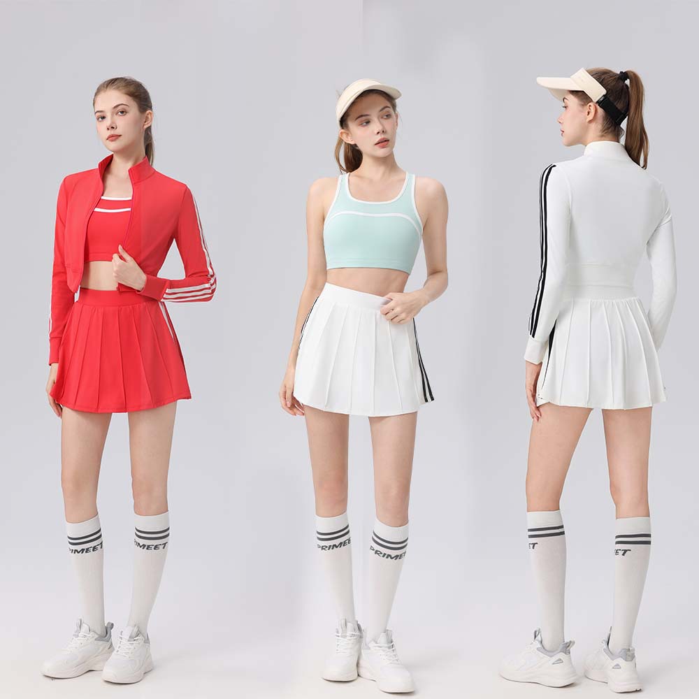 Color-Blocked Striped Elastic Band Sports Three-Piece Set Bra Outdoor Running Yoga Fashionable Lightweight Tennis Outfit Set for Women