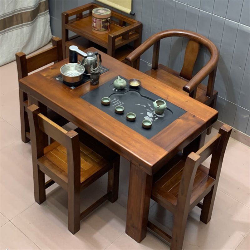 8E7Q老船木茶桌椅组合一桌五椅客厅泡茶台家用实木功夫茶几小户型