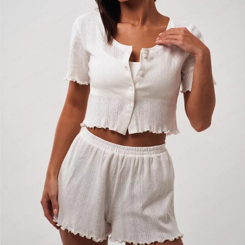 Cross-border Foreign Trade Pajamas Knitted Cotton Sexy Hollow Button Cardigan Short-sleeved Shorts with Muffin Edge Two-piece Set