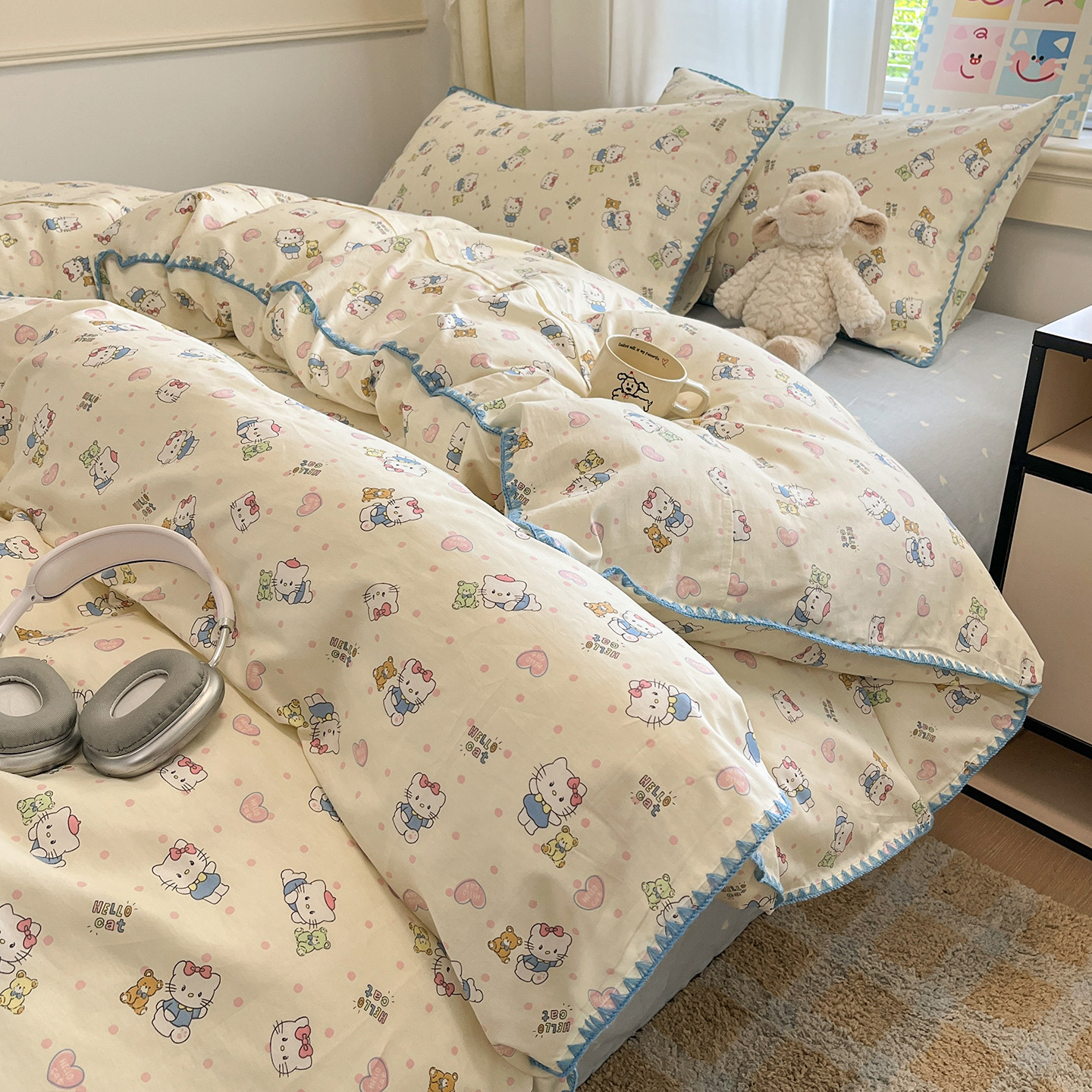 2026 Small Fresh Cotton 100% Shell Edge Four-Piece Set Pure Cotton Cartoon Quilt Cover Student Dormitory Bed Three-Piece Set