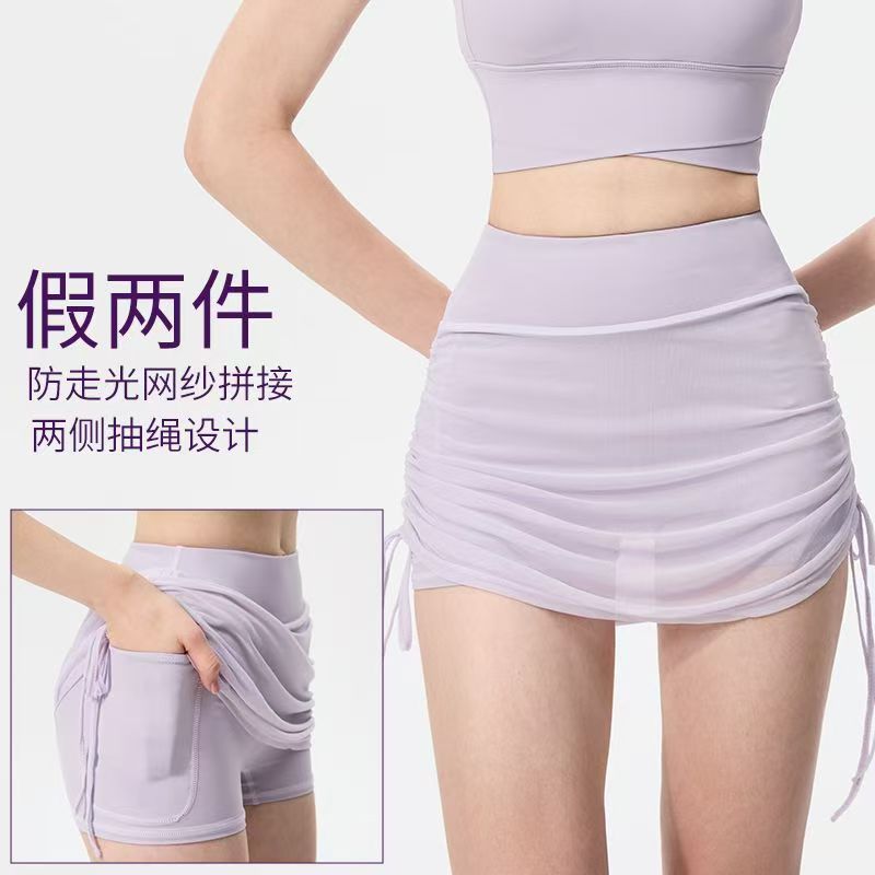 假两件网纱拼接运动裙裤高腰收腹显瘦健身短裙绑带瑜伽跑步裤外穿