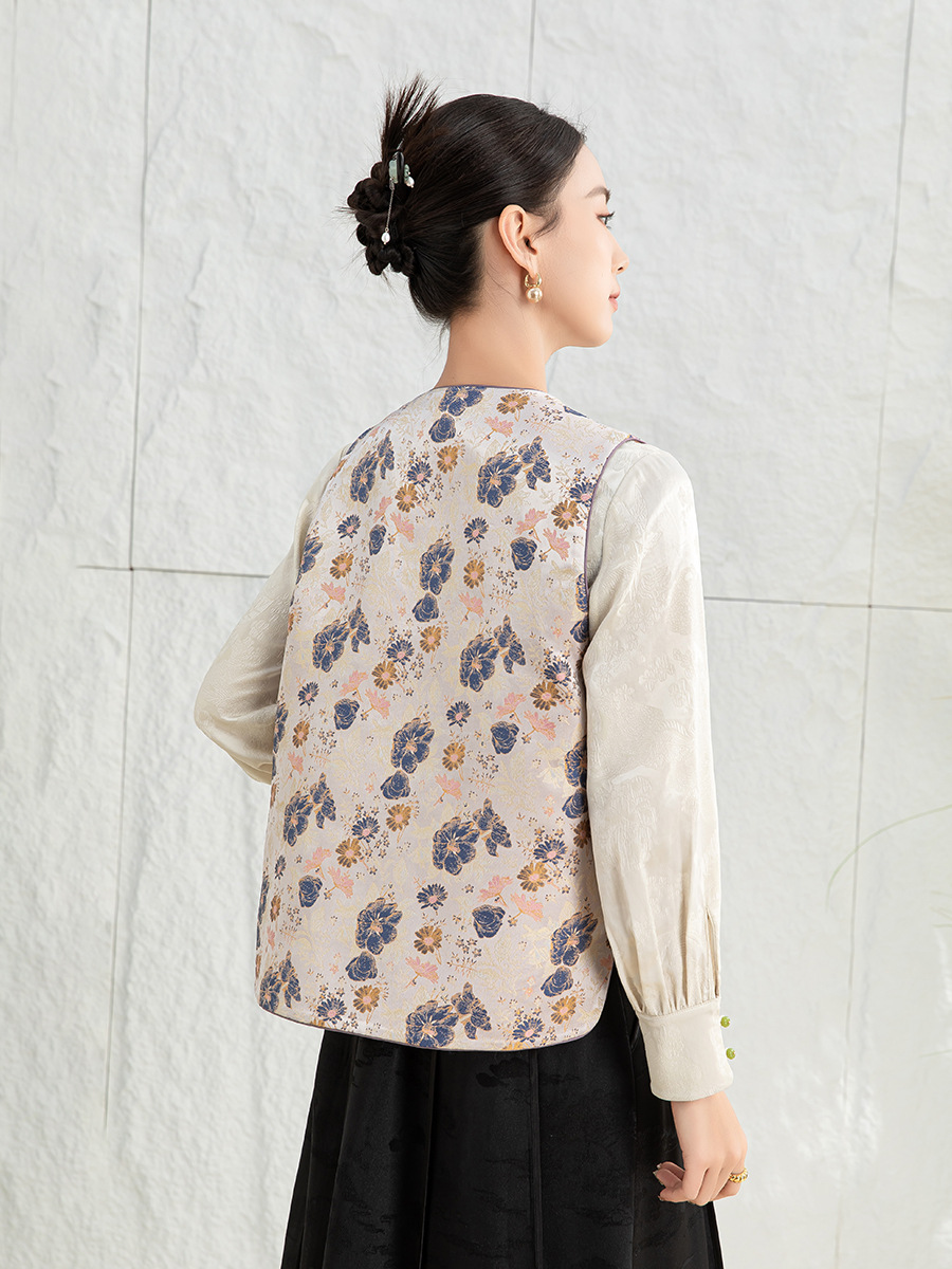 Áo vest cách tân Trung Quốc nữ satin cổ điển, tay loe, khuy cài nút vải — Màu tím sâm panh