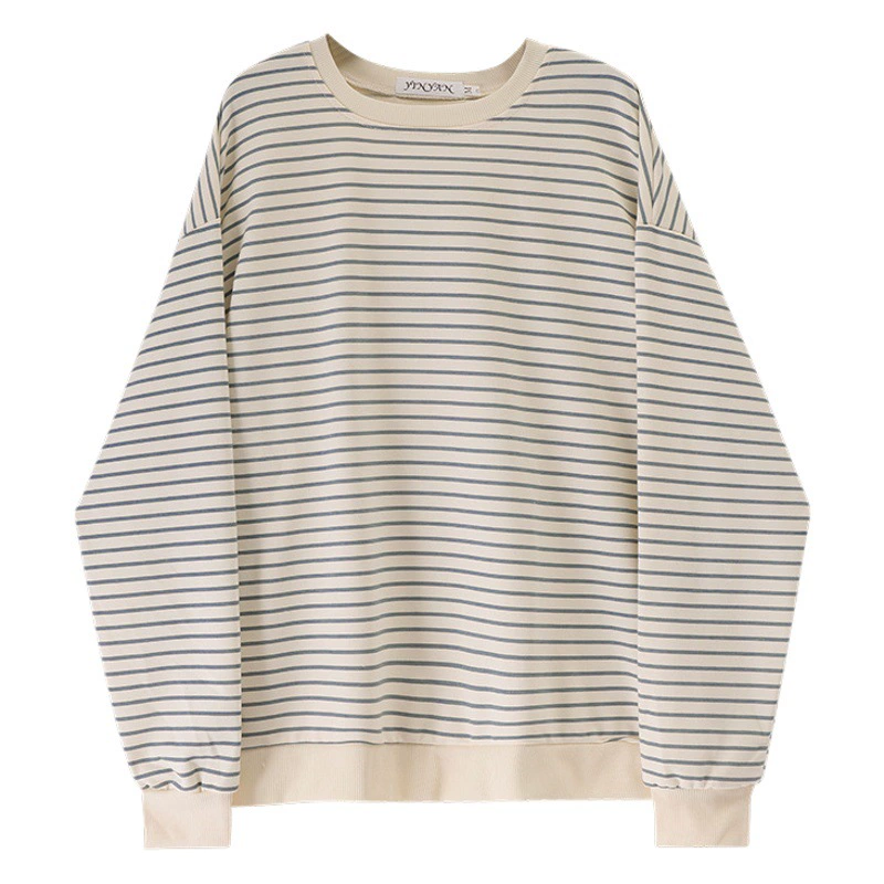 Женская толстовка ранней осени 2025, новинка, в корейском стиле, свободный крой, полосатый топ, круглый вырез, пуловер, футболка с длинным рукавом, трендовая