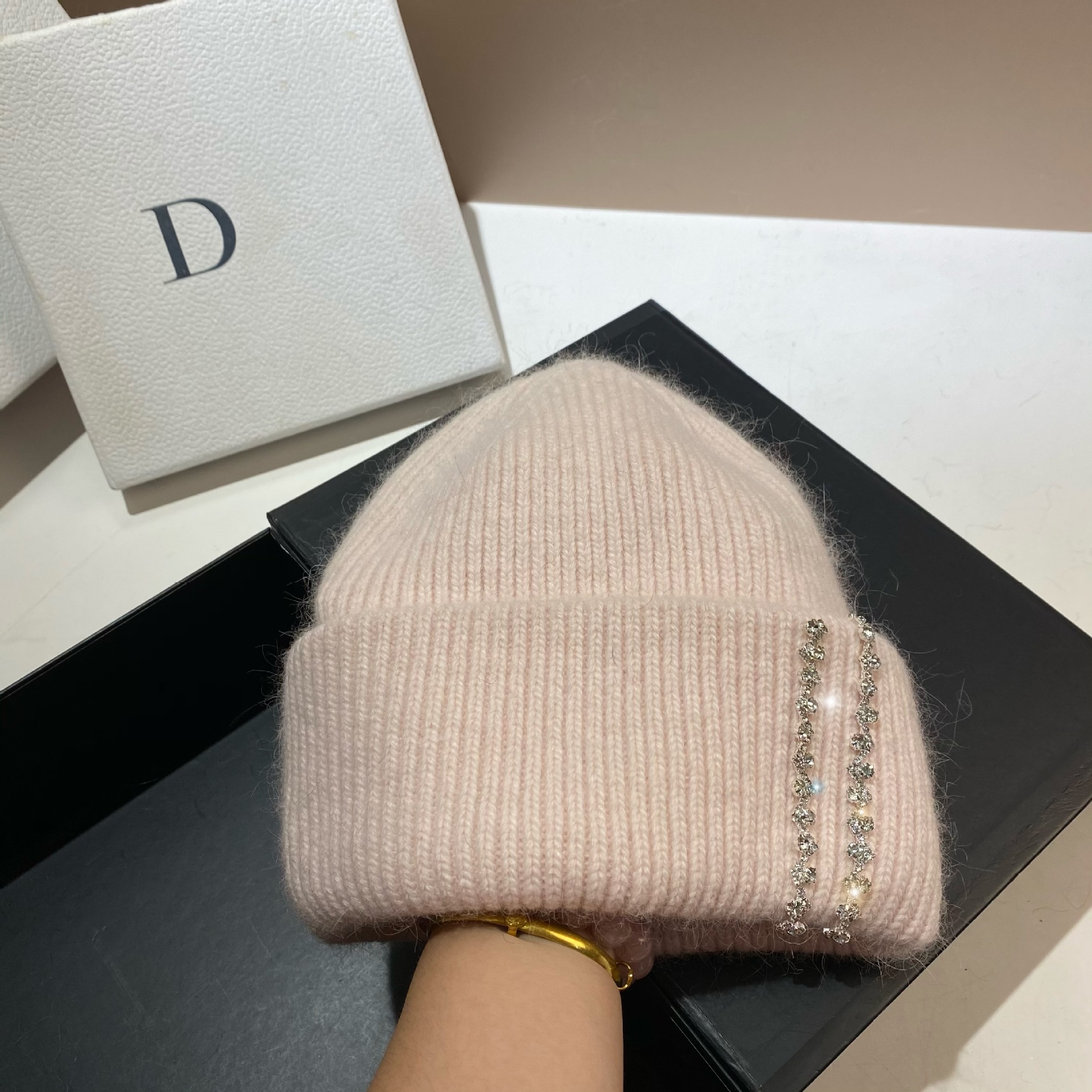 Winter-Thermomütze für den Außenbereich, langes Kaninchenhaar, doppelt gefaltete Strickmütze, Mode-Promi-Feng-Shui-Diamant-Wollmütze_voghion.com