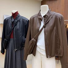 立领皮衣外套女2025秋两色休闲下摆抽绳收腰显瘦宽松短款夹克外套