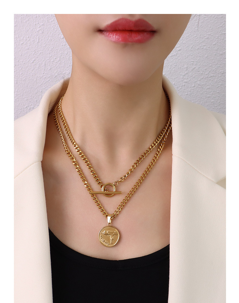 exaggerated thick chain otbuckle round brand gun shape pendant double stacked titanium steel  gold necklace_voghion.com