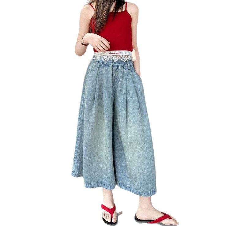 Niñas Tencel pantalones de verano 2026 nuevos niños de cintura alta jeans pantalones de siete puntos para niños grandes pantalones de piernas largas casuales delgados