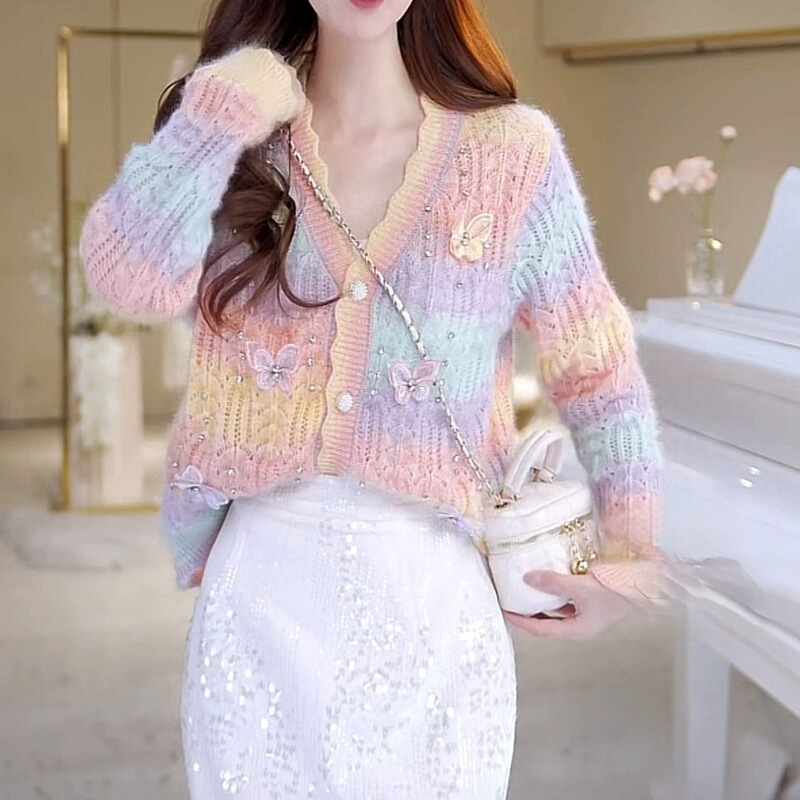 Fashionable gradient color heavy-duty three-dimensional butterfly sweater cardigan for petite individuals, new early autumn short top Fashionable gradient color heavy-duty three-dimensional butterfly sweater cardigan for petite individuals, new early autumn short top