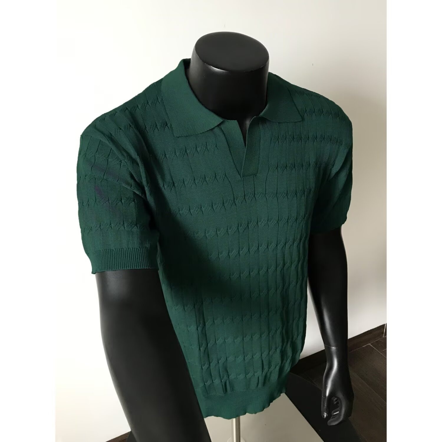 Men's Knitted Collared Polo Shirt Korean Style Textured Slim Fit Short Sleeve Small V Neck Summer T-Shirt_viptrois.com