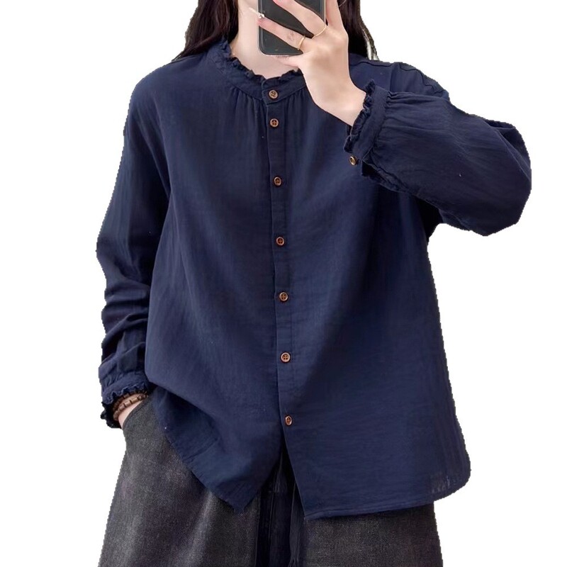 复古双层棉纱长袖衬衫女宽松大码休闲显瘦立领休闲上衣衬衣女装|undefined