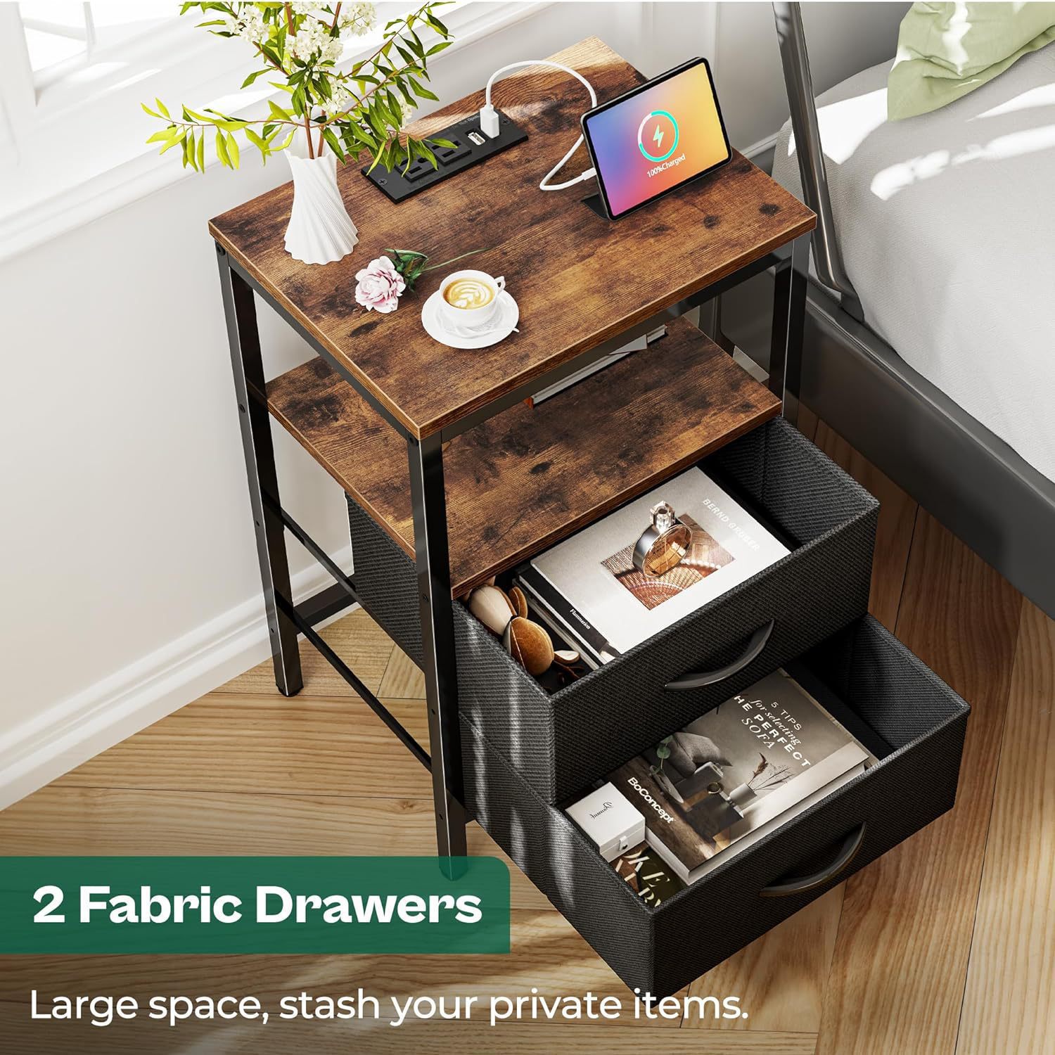 Customized Cross-Border Cloth Drawer Bedside Table with Pictures, Office Bedroom Side Table, Bathroom Storage Rack, Iron Wood Combined Corner Table