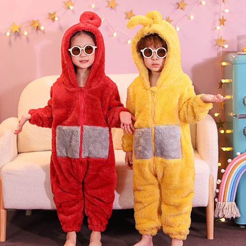 Autumn and winter children's flannel pajamas for boys and girls and baby anti-kick thickened coral velvet one-piece home clothes