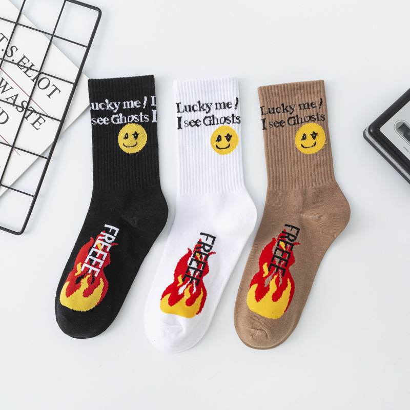 CPFMKANYE Kanye same style ins Tide brand flame smiley face tide socks European and American hip hop men's and women's sports tube socks