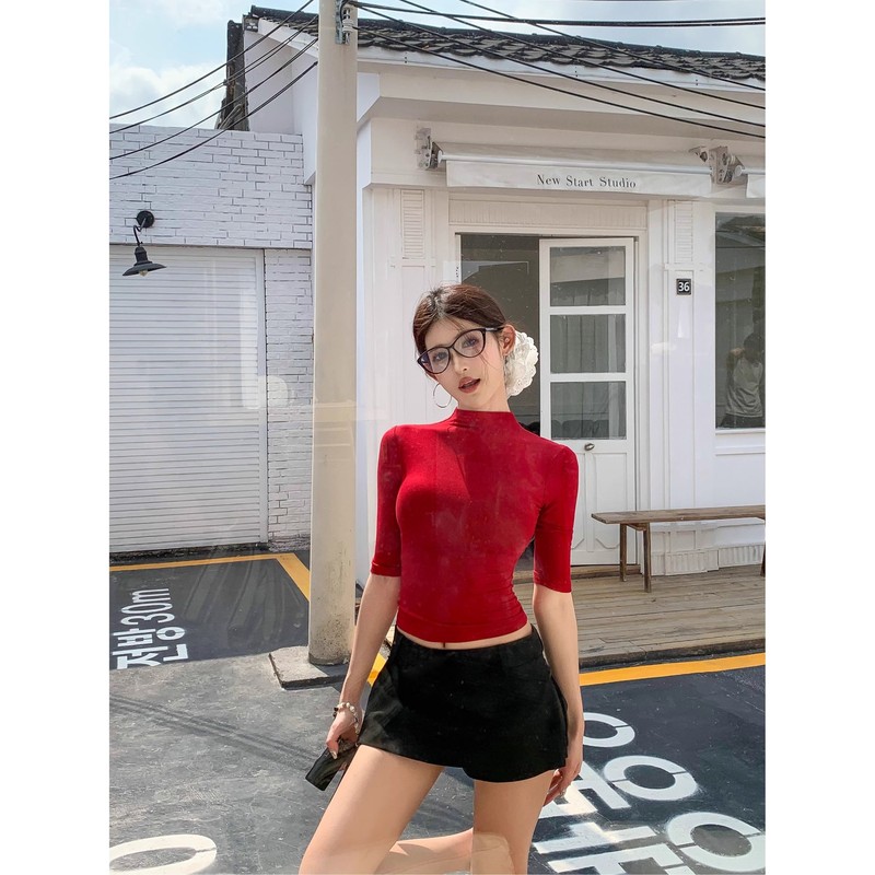 2025早秋新款御姐辣妹风修身半高领中袖T恤女气质百搭显瘦上衣|undefined