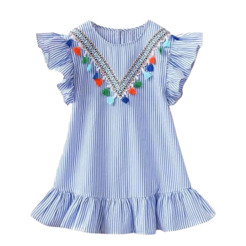 Summer new girls' dress, children's short-sleeved polycotton striped dress, baby girl's Korean style printed children's dress