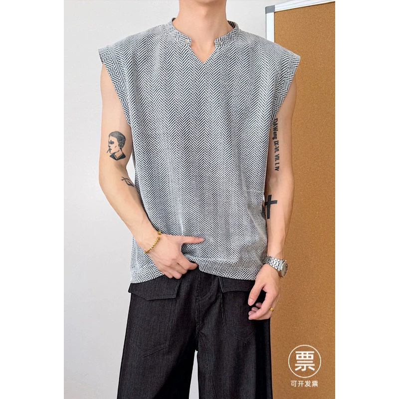 American Retro Herringbone Pattern Vest for Men, Summer Lightweight Fitness Sports Trendy Brand Cool V-Neck Sleeveless T-Shirt