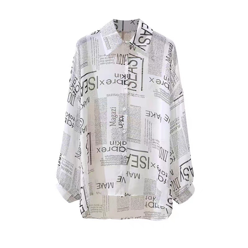Damenbekleidung, lockeres Hemd, Damen, Sommer 2024, schickes Retro-Langarmshirt mit Zeitungsmotiv, Sonnenschutz, Cardigan für Damen_voghion.com