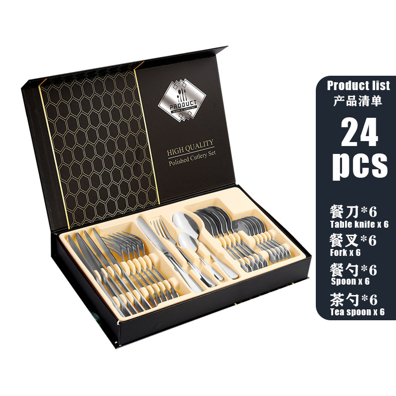 Venta caliente transfronteriza cuchillo de acero inoxidable, tenedor y cuchara traje de vajilla Caja de regalo de 24 piezas 1010 comida occidental cuchillo y tenedor de cuchara chapados en oro