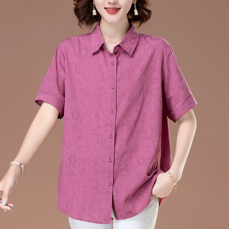 Mom's Cotton Women's Shirt Short-sleeved Summer New Middle-aged and Elderly Women's plus size Top Mid-length Cotton and Linen Shirt
