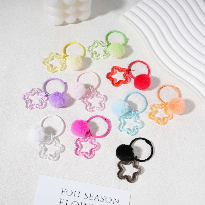 Colorful Transparent Five-Pointed Star Plush Ball Pendant DIY Bag Keychain Decoration Accessories Wholesale